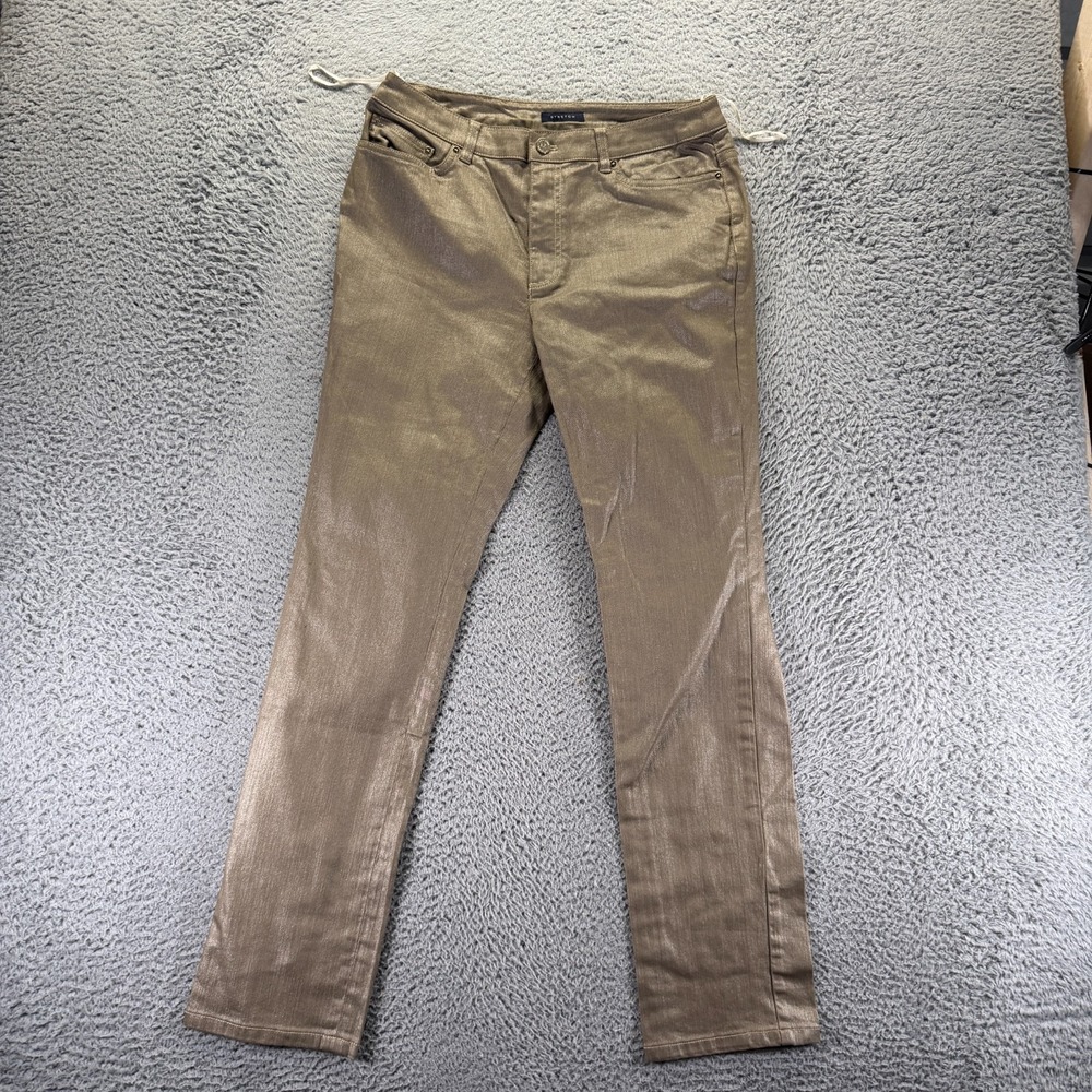 Anne Klein Pant Womens 8 Brown Cotton Chino Straight Leg Shimmer Sparkle Stretch
